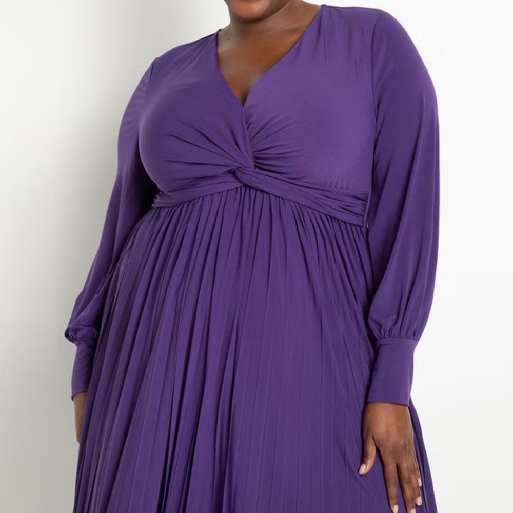 Eloquii Purple Twist Front Pleated Midi Dress Long Sleeve V-Neck Plus Sz 26 NEW